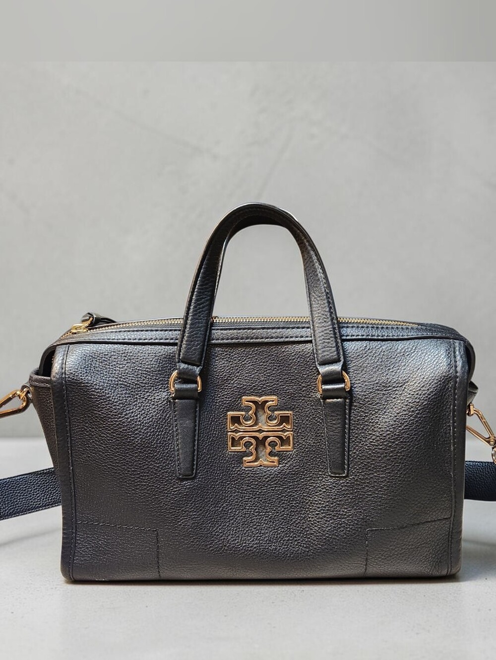 Tory Burch Britten Satchel Shoulder Crossbody Bag Black Pebble Leather Large